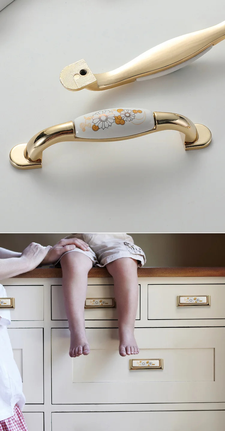 JD European Cabinet Wardrobe Door Single Hole Handle Gold Ceramic Handle Modern American Flower Pattern Drawer Furniture Handle