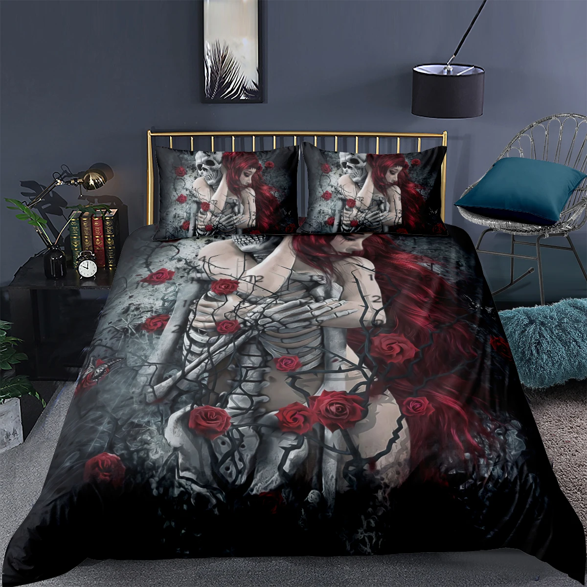 

3D Skull Duvet Cover Sets Love the Skeleton Comforter Cases Pillow Cover Full Double Single Twin Queen Size 160*220cm Bedclothes