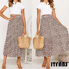 Летняя женская длинная леопардовая юбка с принтом Эластичная Высокая Талия шифон плиссированная приталенная Повседневная Макси юбка