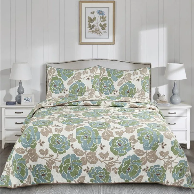 colour 1 1pc Bed cover+2pcs Pillowcases Green Peonys Bedding set Green Garden style Bedspread Luxury cotton Quilt Quilting Blanket - Цвет: colour 1