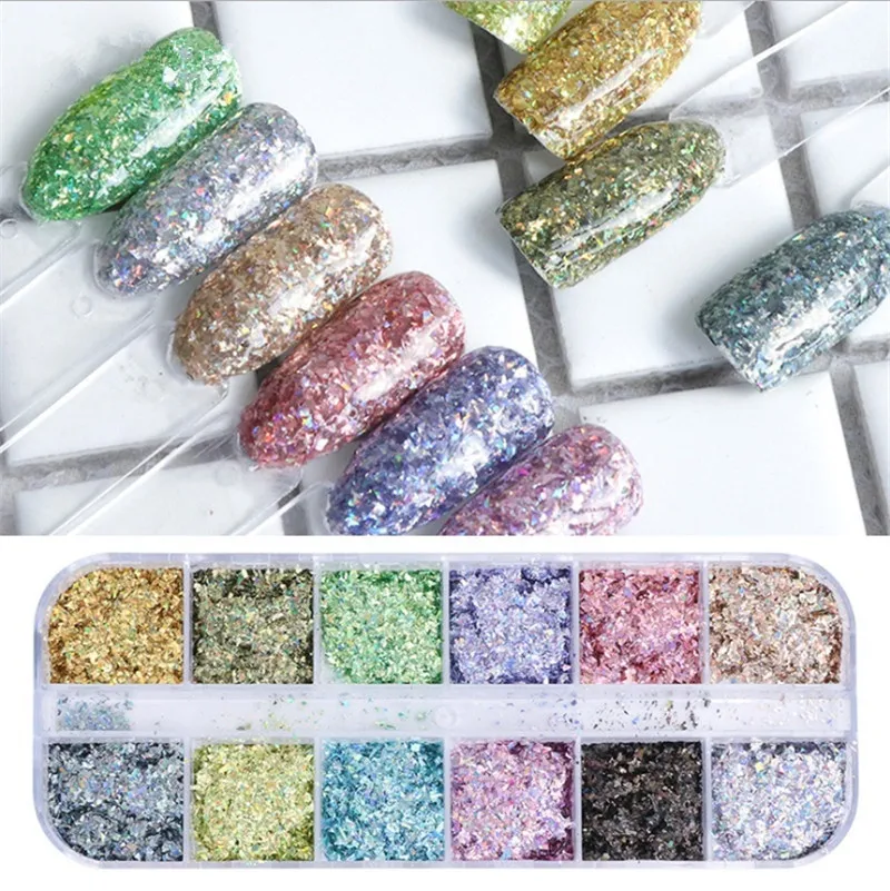 12 цветов Блеск для ногтей, Платиновый блестящий порошок, лазер, Блестящий Бриллиант, маникюр, дизайн ногтей, хромированный пигмент, сделай сам, набор для украшения ногтей