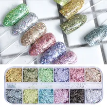 12 цветов Блеск для ногтей, Платиновый блестящий порошок, лазер, Блестящий Бриллиант, маникюр, дизайн ногтей, хромированный пигмент, сделай сам, набор для украшения ногтей