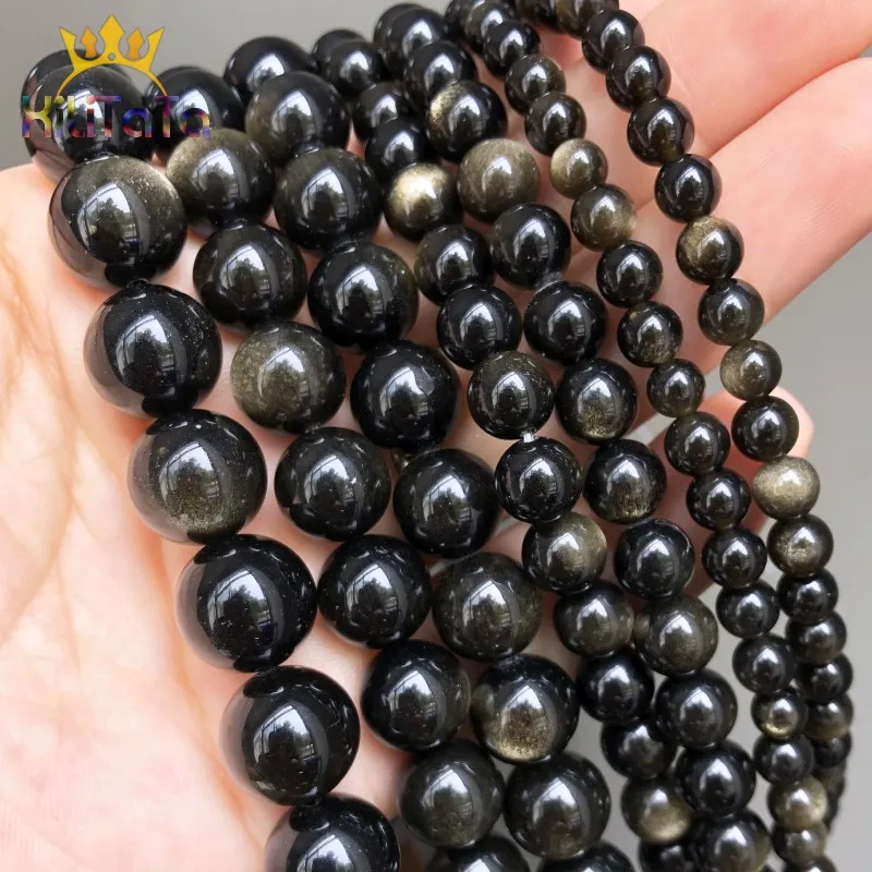 

Natural Stone Bead Gold Color Obsidian Round Loose Beads For Jewelry Making DIY Bracelet Ear Studs Accessories 7.5'' 6/8/10/12mm