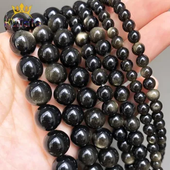 

Natural Stone Beads Gold Obsidian Round Loose Beads For Jewelry Making DIY Bracelet Ear Studs Accessories 7.5'' 6/8/10/12mm