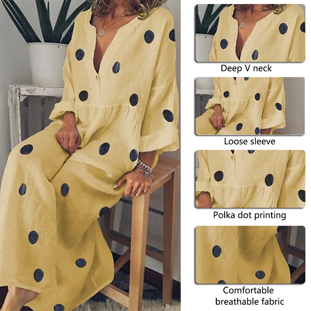 LOOZYKIT Oversized Women Polka Dot Dresses Casual Loose Seven Quarter Sleeve Boho Maxi Dress Sexy V Neck Vintage Beach Dress