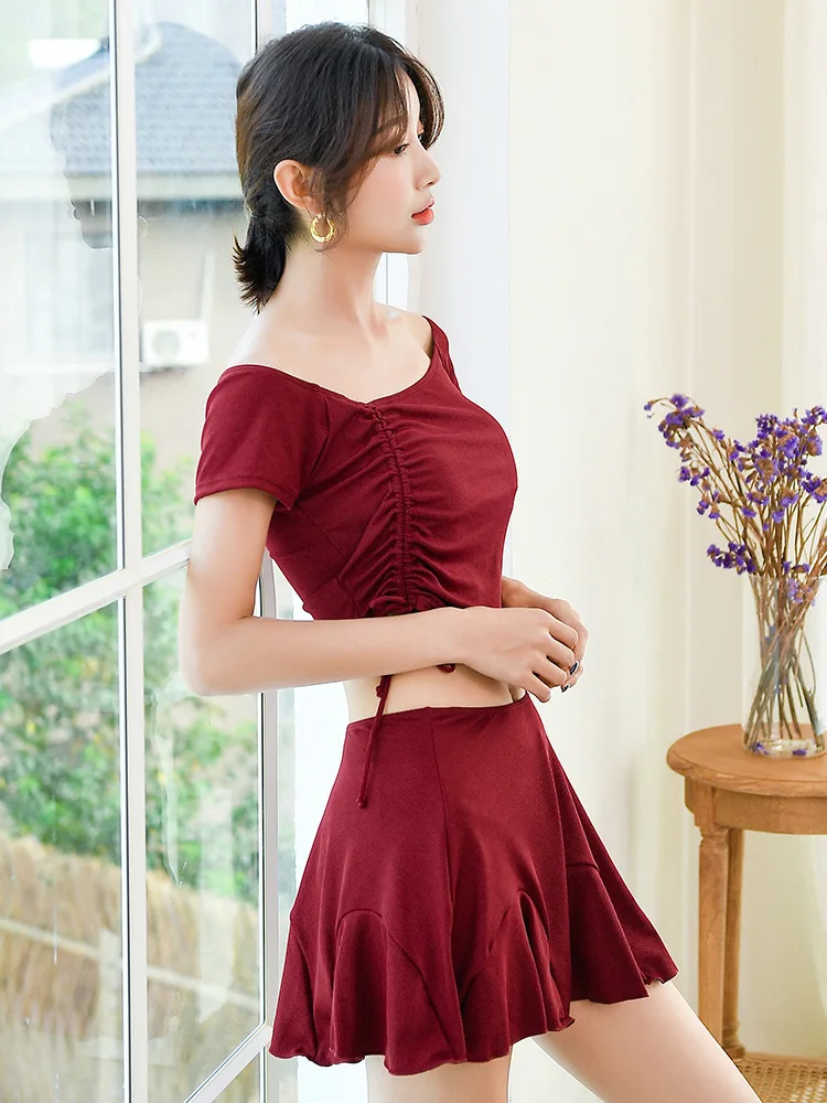 

2020 New Style INS-Style Retro Red Simple Short Sleeve Split Skirt-Belly Covering Slimming Conservative Hot Springs Bathing Suit