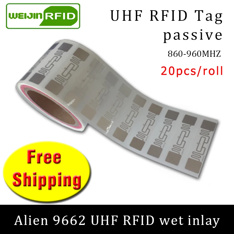 

UHF RFID tag sticker Alien 9662 wet inlay 915mhz868mhz 860-960MHZ Higgs3 EPC 6C 20pcs free shipping adhesive passive RFID label