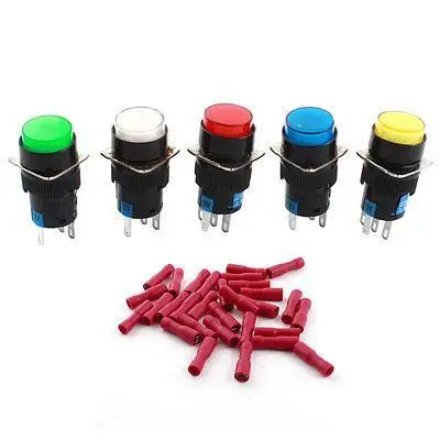 

5pcs DC 12V Light SPDT 5 Pin Latching Round Push Button Switch + Spade Terminal