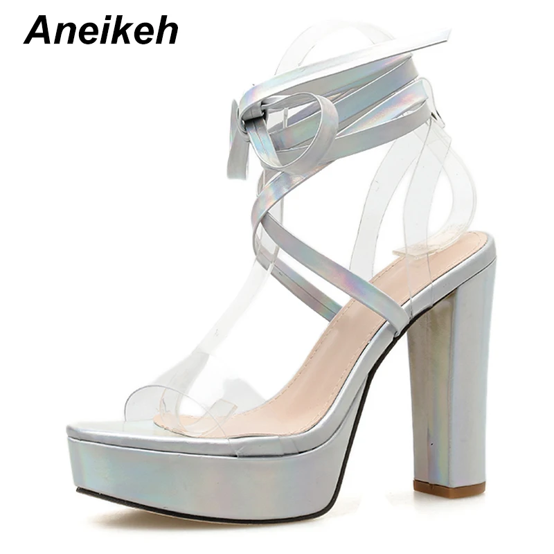 

Aneikeh Fashion PVC Clear Perspex Platforms Gladiator Sandals Woman High Heels Cross Tied Lace Up Pumps Party Nightclub Shoes
