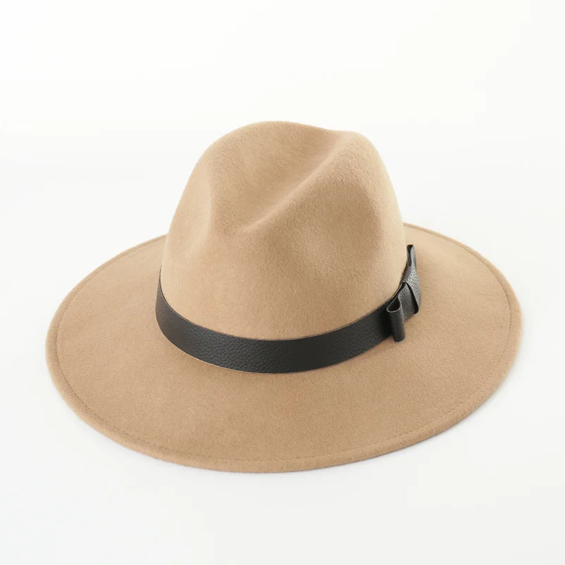 

01908-hh8057 British Style winter wool pu bowknot fedoras cap men women panama jazz hat