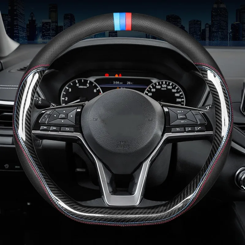 

Carbon Fiber Cowhide Steering Wheel Cover 2021 for Nissan Almera X Trail Grand Livina Navara Serena Tiida