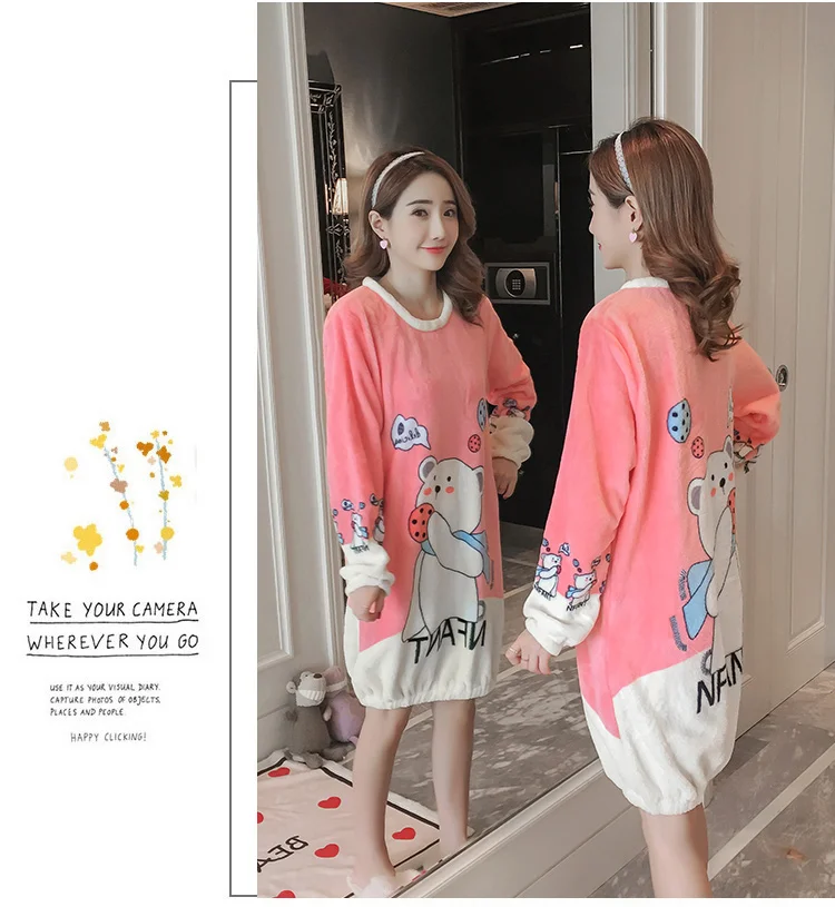 Winter Thick Warm Flannel Nightgowns For Women Long Sleeve Coral Velvet Night Dress Girls Cute Cartoon Sleepwear Nightdress