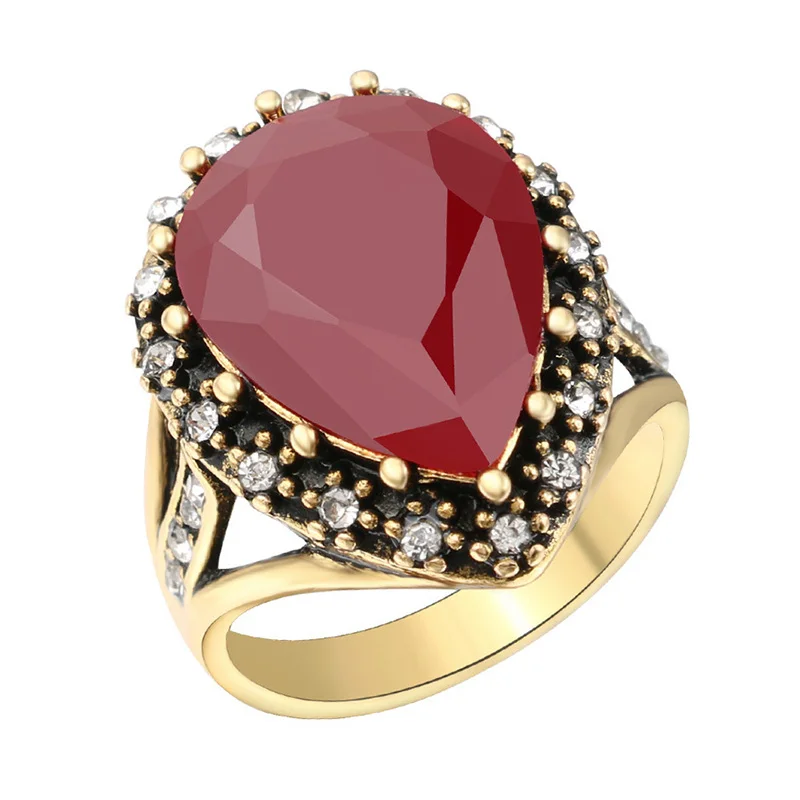 Vintage Mosaic Zircon Rings 1PC Antique Golden Crystal Ring Turkish Oval Jewelry Black Red Green Resin Stone Women Boho Wedding