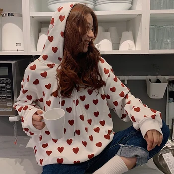 

Women 2019 Autumn Winter Preppy Style Cartoon Heart Print Cute Large Size Loose Pullover Hooded Sweatshirt