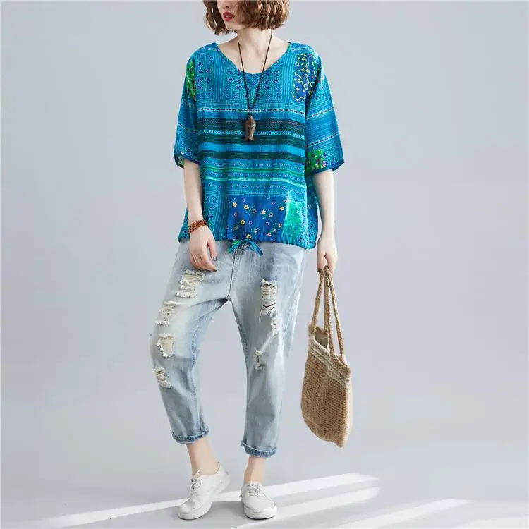 Blue Tshirt Летняя хлопковая льняная футболка размера плюс, Женская Корейская футболка с цветочным принтом, повседневные свободные женские футболки, топы в полоску, Новинка - Цвет: Blue Tshirt