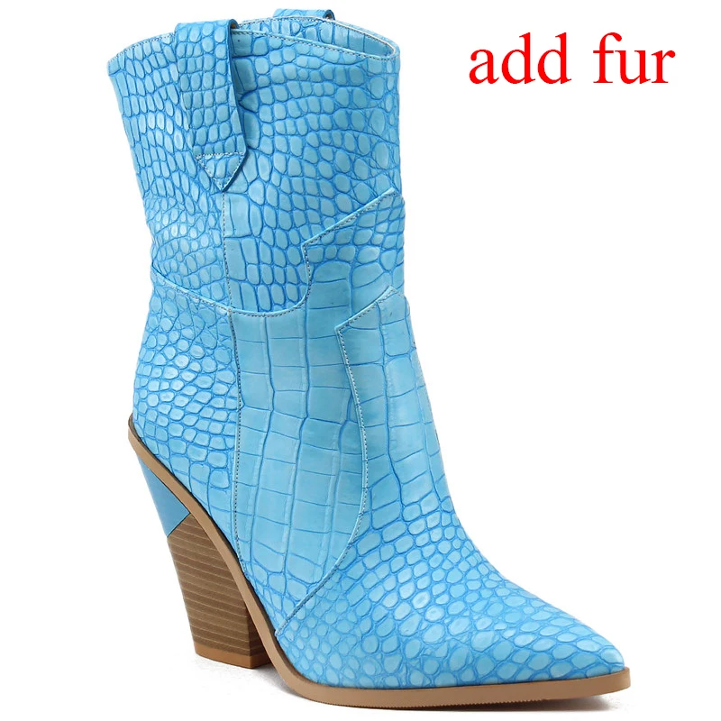lightblue add fur Новое поступление г. Модные ботинки до середины икры на высоком каблуке, Прямая поставка, большие размеры 33-46 женская обувь без застежки женские ботинки - Цвет: lightblue add fur