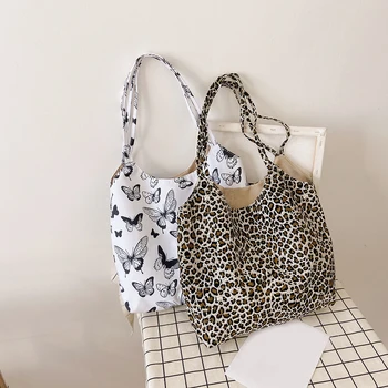 

Casual Zebra Leopard Butterfly Pattern Travel Shoulder Shopping Bag Women Canvas Large Capacity Portable Top-handle Bags Totes