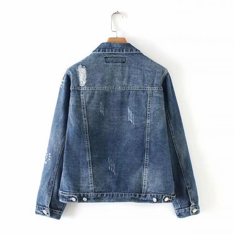 

Ozhouzhan WOMEN'S Dress 2019 Spring New Style Fold-down Collar Handmade Beaded Bracelet with Holes Jeans Coat Women's