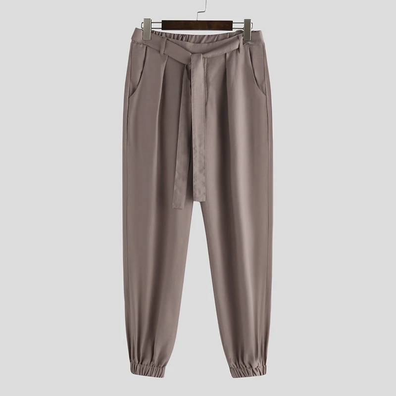 INCERUN Мужские штаны для бега, одноцветные, на шнуровке, с карманами,, модные спортивные штаны, уличная одежда, Свободные повседневные брюки, мужские штаны-шаровары, S-5XL - Цвет: Coffee Pants