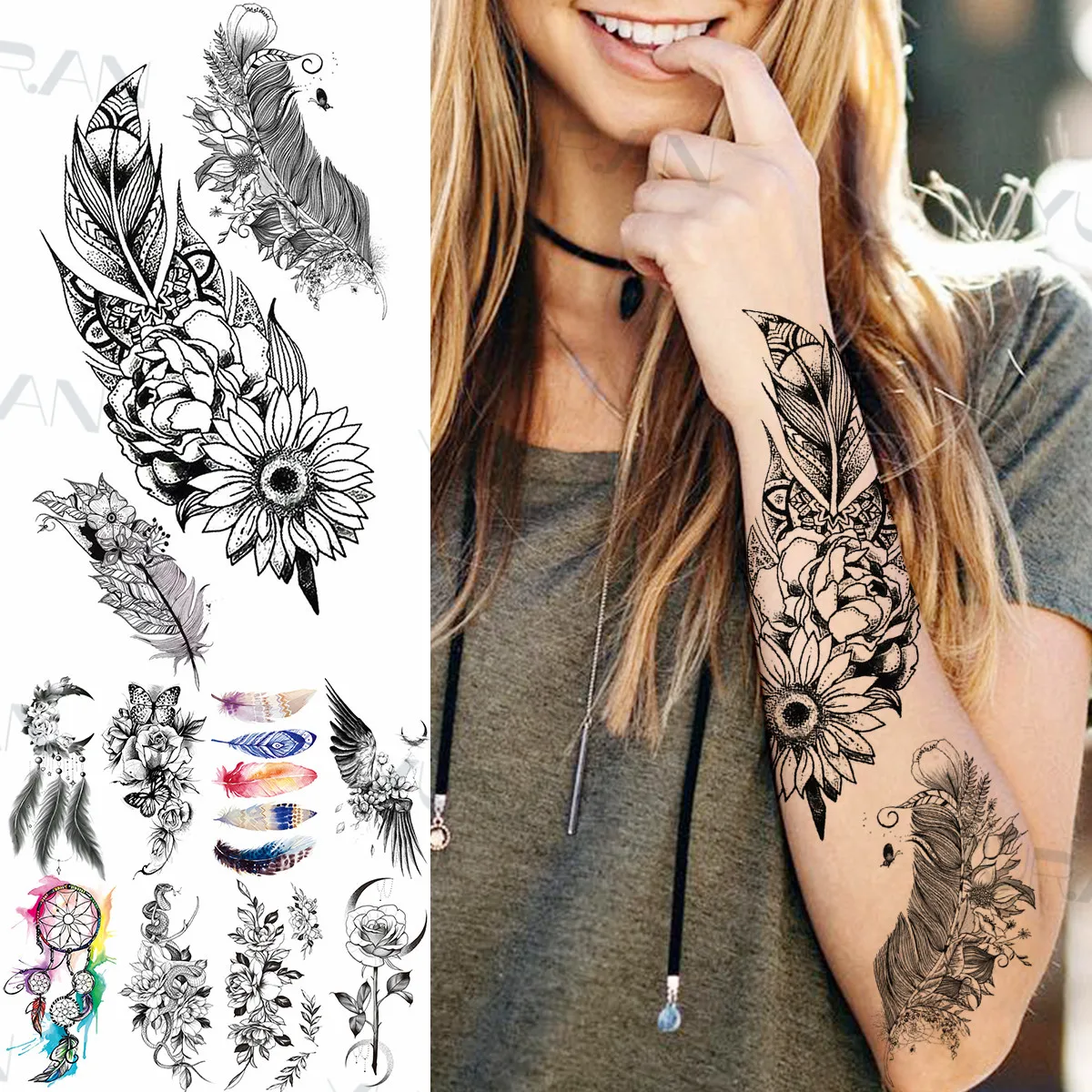 

Black Feather Sunflower Temporary Tattoos For Women Girls Fake Wings Moon Snake Butterfly Tattoo Sticker Sexy Arm Tatoos Paste