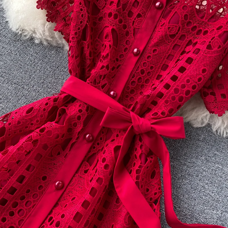 OCEANLOVE Solid Lace Evening Party Dress Solid Bandage Hollow Out Sexy Fashion Women Dress Bow High Waist Summer Dresses 16647