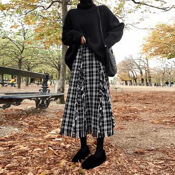 

Heydress Elegant Autumn Winter Skirt Women Empire Wool Tassels Skirts female Plaid Mid Skirts 2019 Casual Ladies A-Line Skirt