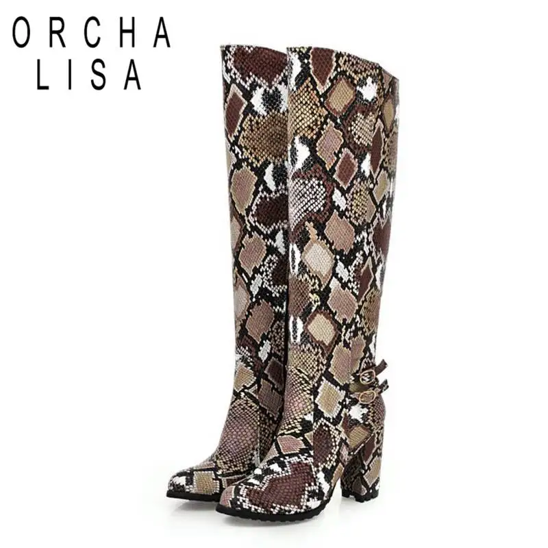 ORCHA LISA/Для женщин Сапоги выше колена круглый носок теплые змея PatternHight со средними каблуками, квадратный толстый каблук с боковой молнией, с принтом, большой размер 34-43 и выше, Повседневное
