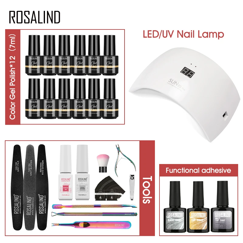 ROSALIND Nail Gel Manicure Set Lamp Gel Tools Kits For Nails Art UV Lamp Semi Permanent Nail Gel Polish Set With Base Top Coat 4