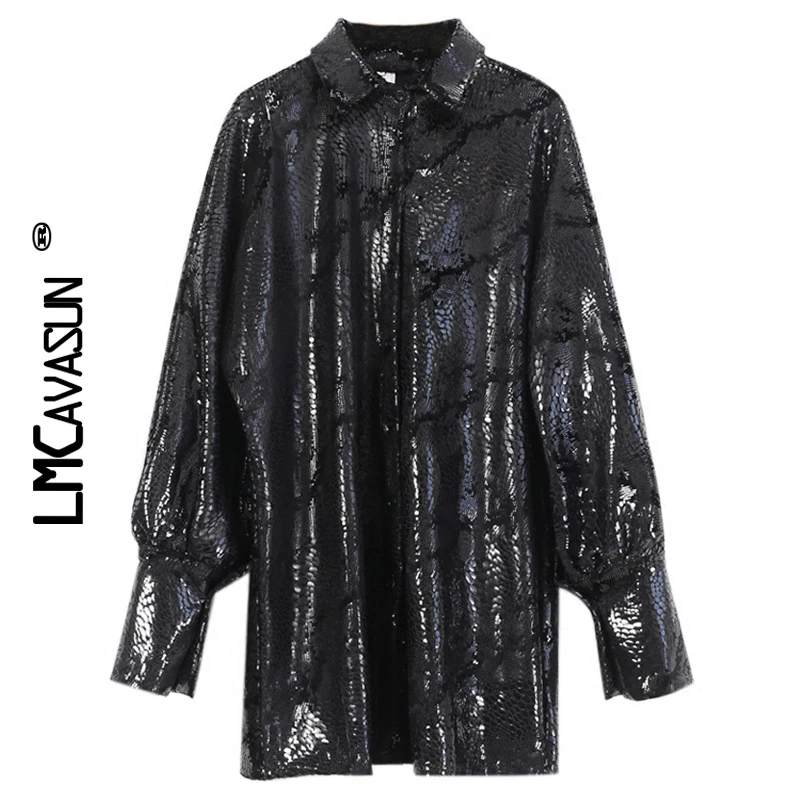 LMCAVASUN 2019SS змеиный принт Блестящий бархат женские топы и блузки черный длинный рукав свободная рубашка Женская корейская модная одежда