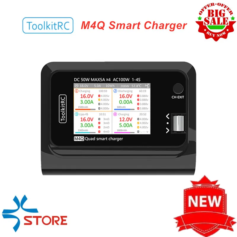 ToolkitRC M4Q 4x50w 5A AC 100W 4 DC XT60 XT30 Ports Smart Charger 32 Bit ARM IPS Bright Clear Wide Angle Display