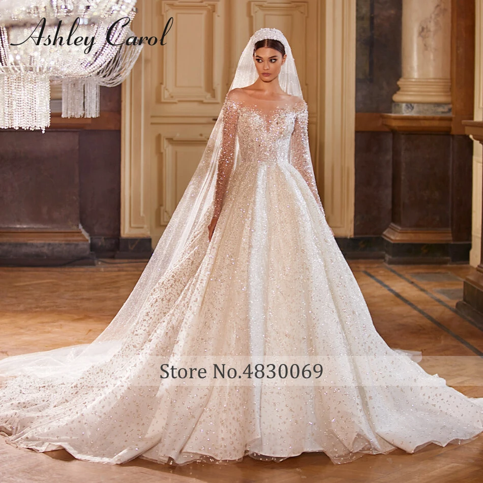 Ashley Carol Luxury Wedding Dresses For Women 2023 Bride Long Sleeve Princess Sparkling Beaded Bridal Dress Vestidos De Novia