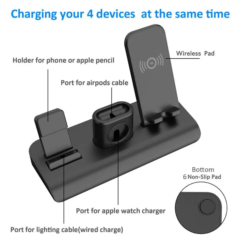 Новинка 4 в 1 QI 10 Вт Быстрое зарядное устройство Беспроводная зарядная док-станция Подставка для iPhone X XS MAX 11 Apple Watch 4 3 2 1 TWS Airpods 1 2
