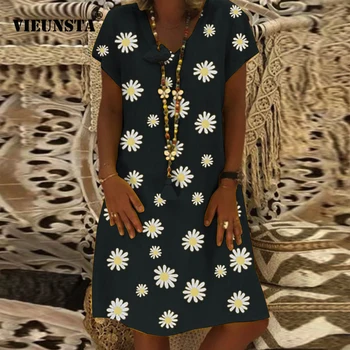 

Daisy Polka Dots Print Summer Dress Women Plus Size V-neck Vintage Party Dress Female Short Sleeve Loose A-Line Dresses Vestidos
