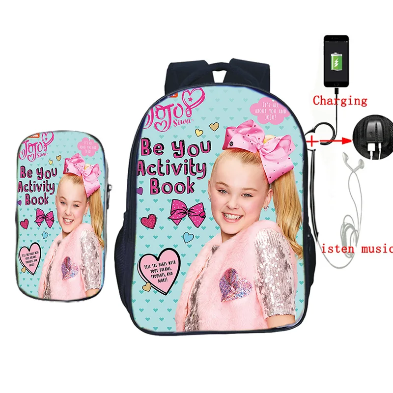 27 2 шт./компл. Jojo Siwa женская школьная сумка USB зарядка Рюкзак для подростков мальчиков девочек винтажный дорожный рюкзак на плечо - Цвет: 27