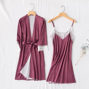 

Dark Red Sexy Nightwear Sleep Suit 2PCS Robe Set Women Lace Home Clothing Intimate Lingerie Satin Casual Nightgown Sleepwear
