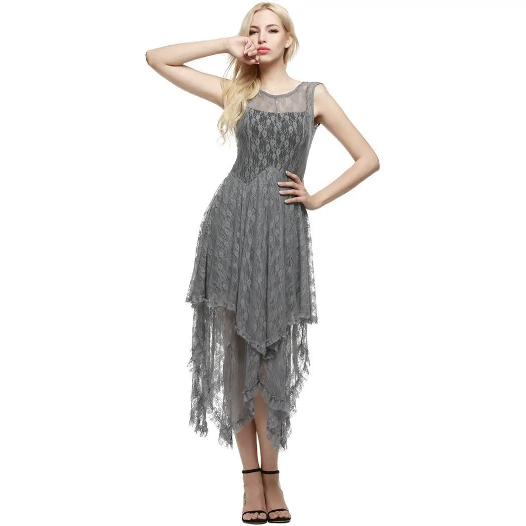 

2020 New Summer Round Neck Sleeveless Lace Romper Dress Elegant Perspective Irregular Pure Color Net Gown Banquet Dress