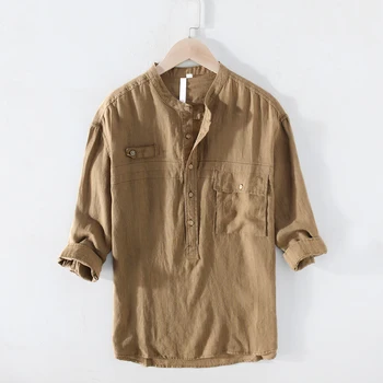 

Men's Three Quarter Sleeve Shirts Casual Pure Linen Loose Pullover Tops Man Stand Collar Fashion Breathable Clothes Y2724