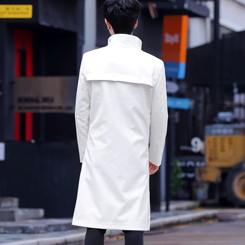 Spring White Long Leather Jackets Mens Leather Trench Coats Stylish Overcoats Stand Collar Steampunk Fashionable Black Slim