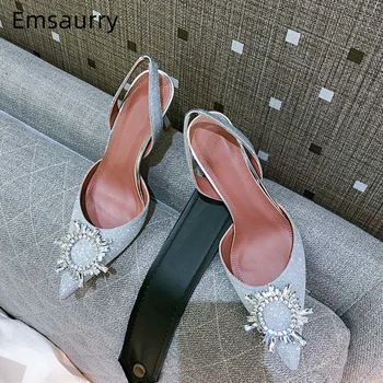

Bling Sequined Cloth High Heel Sandals Women Back Strap Sexy Pointed Toe Jeweled Sunflower Buckle Decor Party Shoes Woman