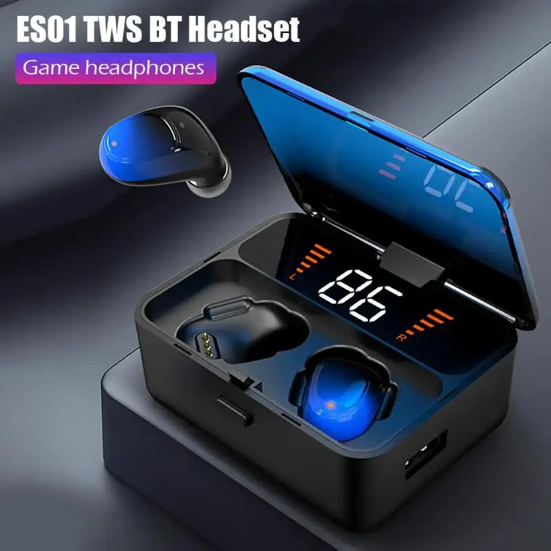 New ES01 TWS Bluetooth Earphones 5.0 9D Stereo Wireless Earbuds ir ear Gaming Headset IPX7 Waterproof mAh LED Smart Power