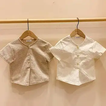 

Korean children's clothing ins children's men and women treasure 2020 summer breathable cotton and linen shirt short-sleeved