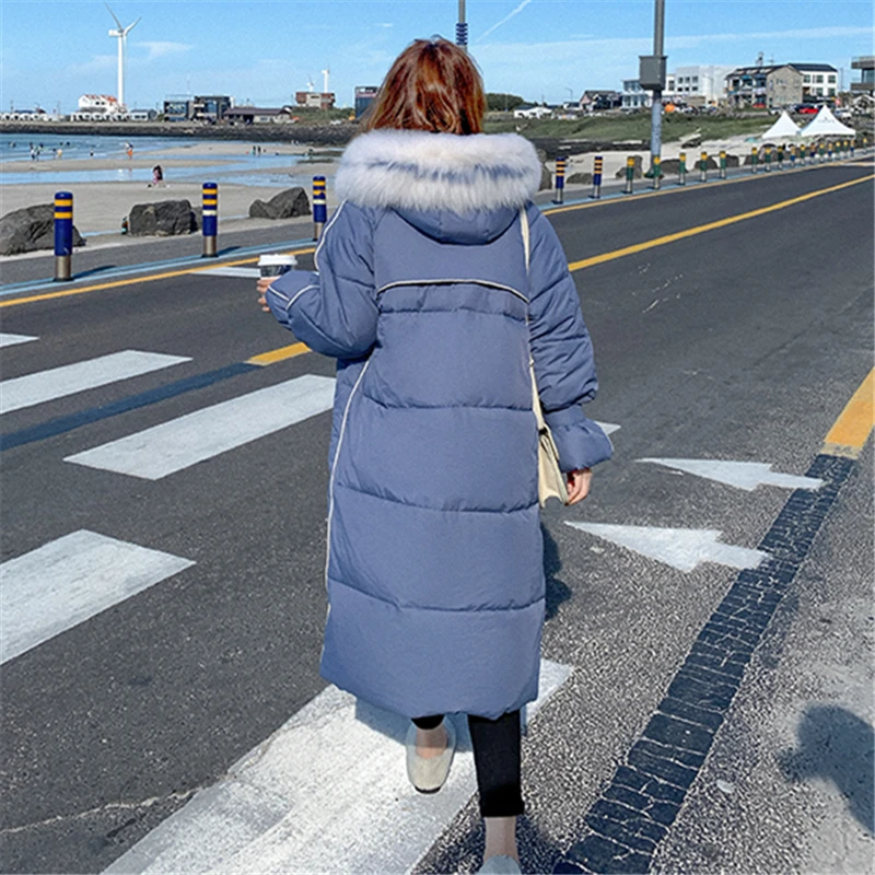 Winter Warm Long Down Jacket Women Big Fur Collar Hooded Coats Female Korean Loose Cotton Coat Women Parka Padded Jacket Tide