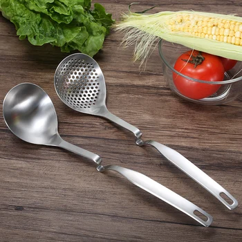 

2pcs/set Thickened Flatware With Colander Long Handle Stainless Steel Kitchen Ergonomic Strainer Serving Hanging Soup Spoon