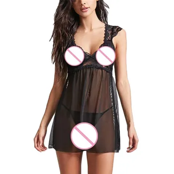 

Sleepwear Women Sexy Lace Hallow Sleepwear Mesh V-neck Black Lingerie With G-String Hot Erotic Costumes Hollow Out Nightgown CD