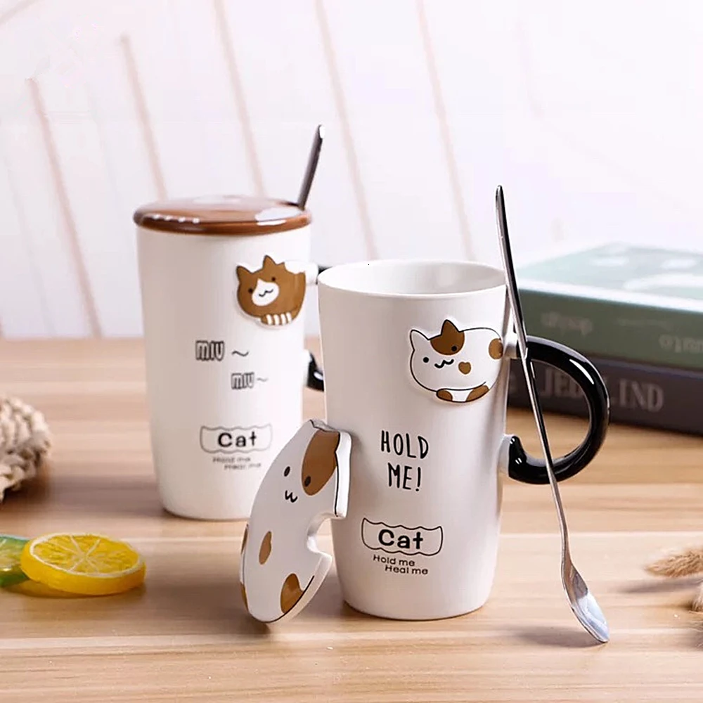Cute Cat Ceramics Coffee Mug With Lid Large Capacity Animal Mugs creative Drinkware Coffee Tea Cups Novelty Gifts milk cup