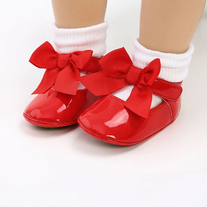 Zapatos de princesa infantiles con lazo para niñas pequeñas, calzado de Color sólido para primeros pasos, de charol suave, de 0 a 18M, primavera y otoño