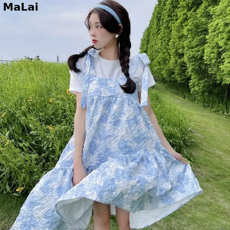 

Summer Women Fairycore Dress Midi Sundress Suspenders Jacquard Asymmetrical Ruffles Backless Cute Kawaii Lolita Sleeveless Dress