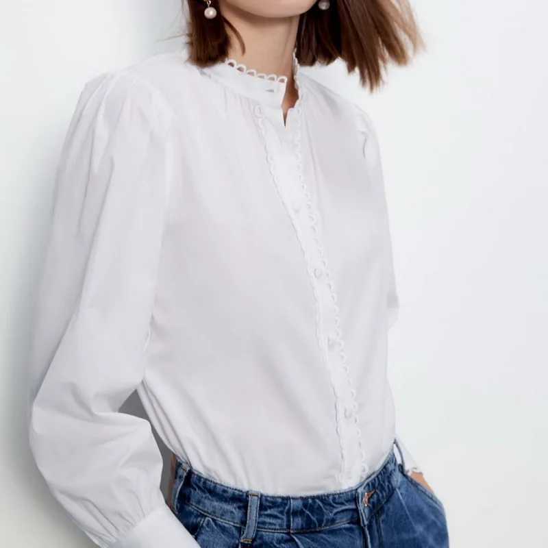 

Women White Shirt Autumn 2019 New Fashion Patchwork Edge Long Sleeve Blouse Preppy Girl Shirt Tops