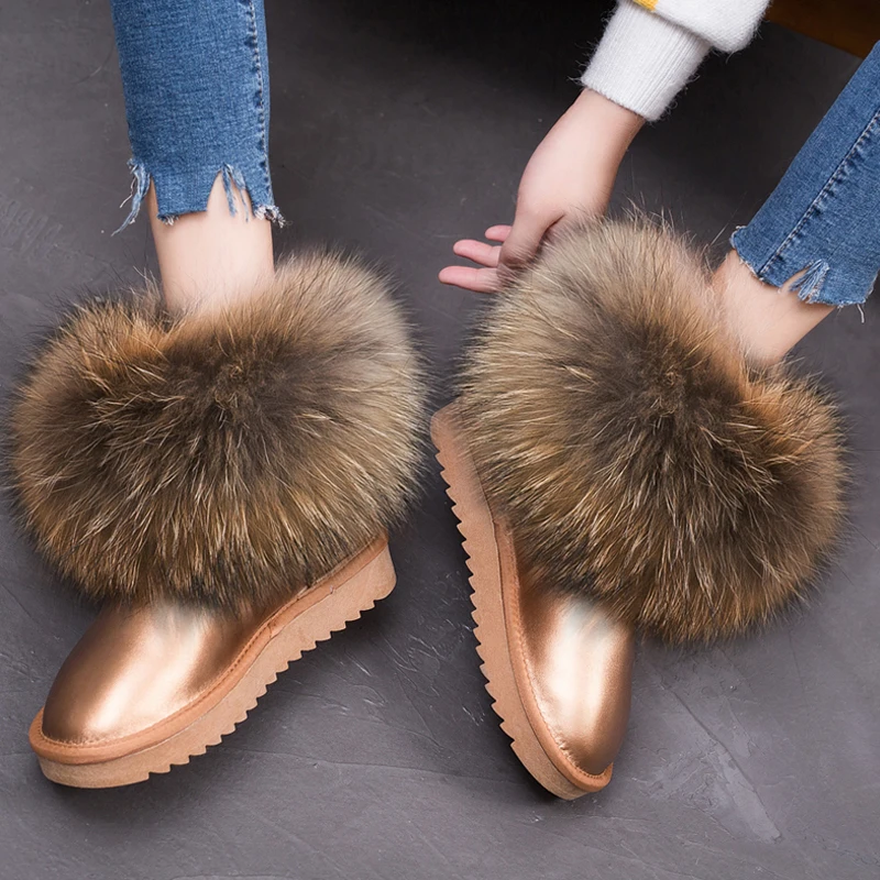 

Dropshipping Ladies Winter Boots Leather Snow Boots Fox Fur Women's Boots New Real Hair Warm Shoes Plus Size 35-41 XYZ342