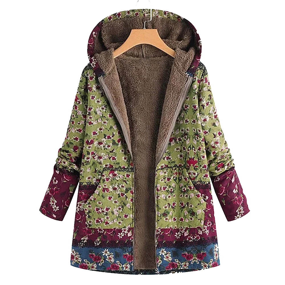Пальто Женское зимнее повседневное пальто с цветочным принтом, теплое флисовое пальто с капюшоном, Женское пальто большого размера с карманом, женская верхняя одежда, длинное пальто - Цвет: GREEN